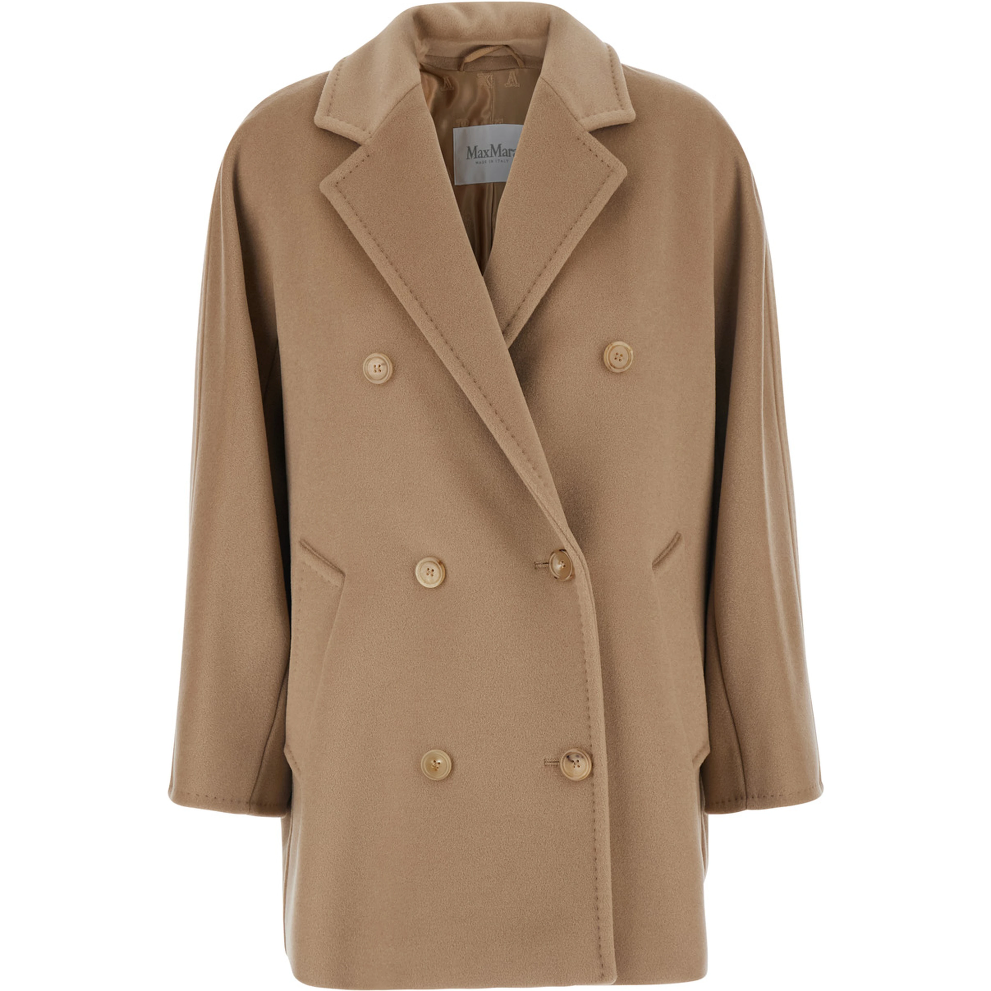Rebus Beige Short Double-Breasted Coat with Notched Revers in Wool and Cashmere for Women