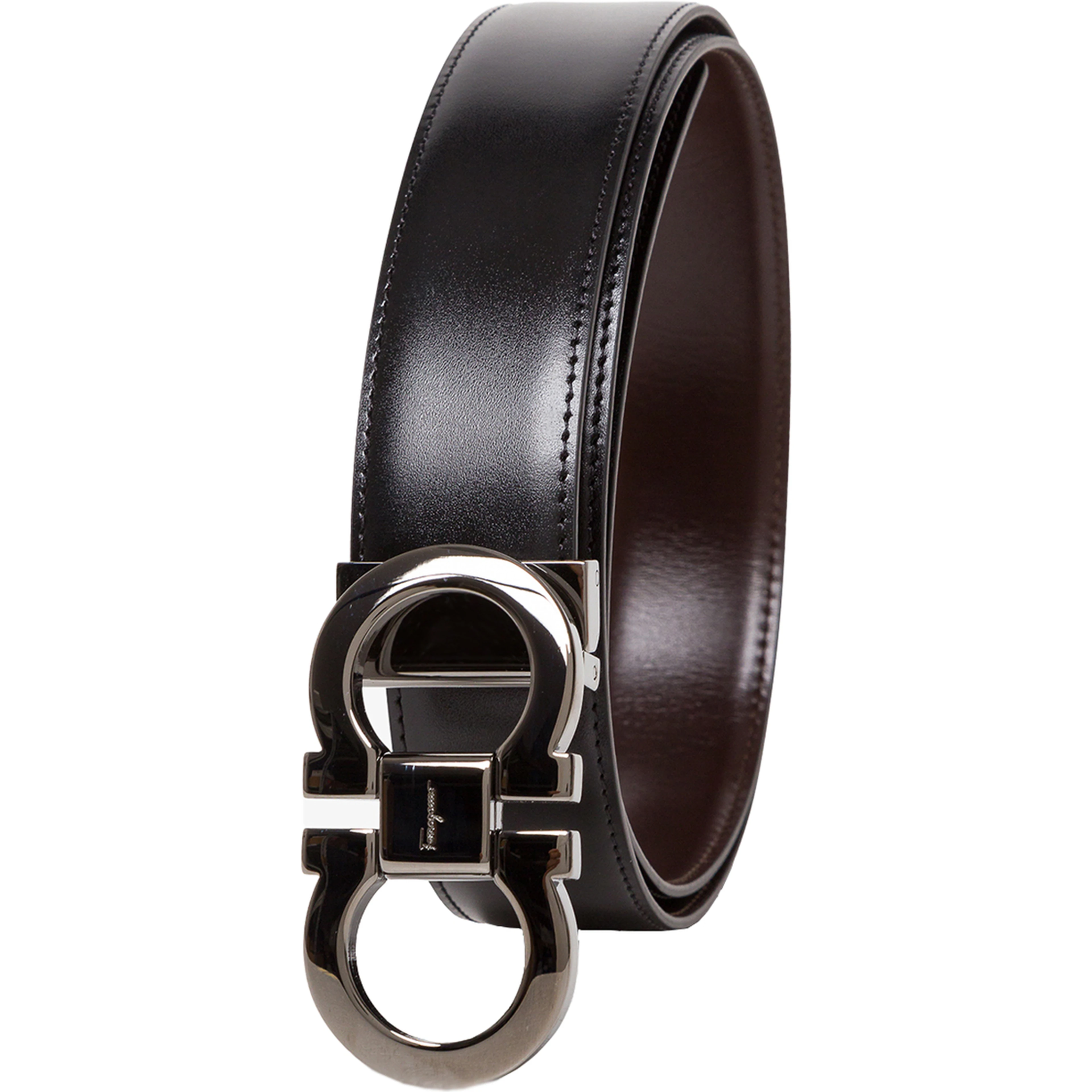 Reversible Belt with Gancini Buckle on the Front in Black Leather for Men