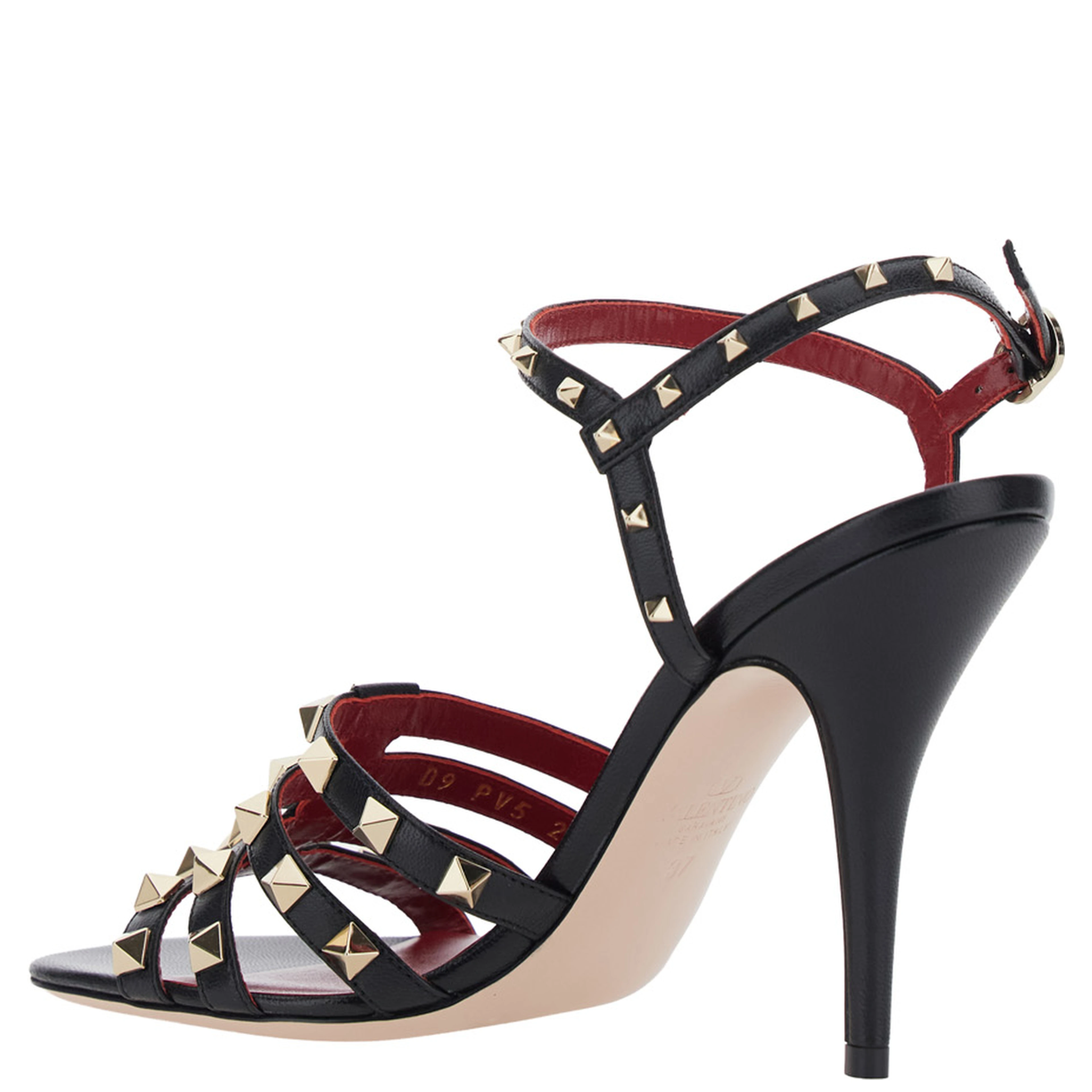 Black Heeled sandals with Rockstud embellishment and high heel in leather for women