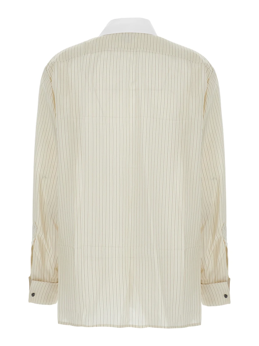 beige Shirt with pointed collar and all-over stripes in viscose blend for women