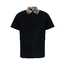 EVAN black Polo Shirt with Check motif collar in cotton for men
