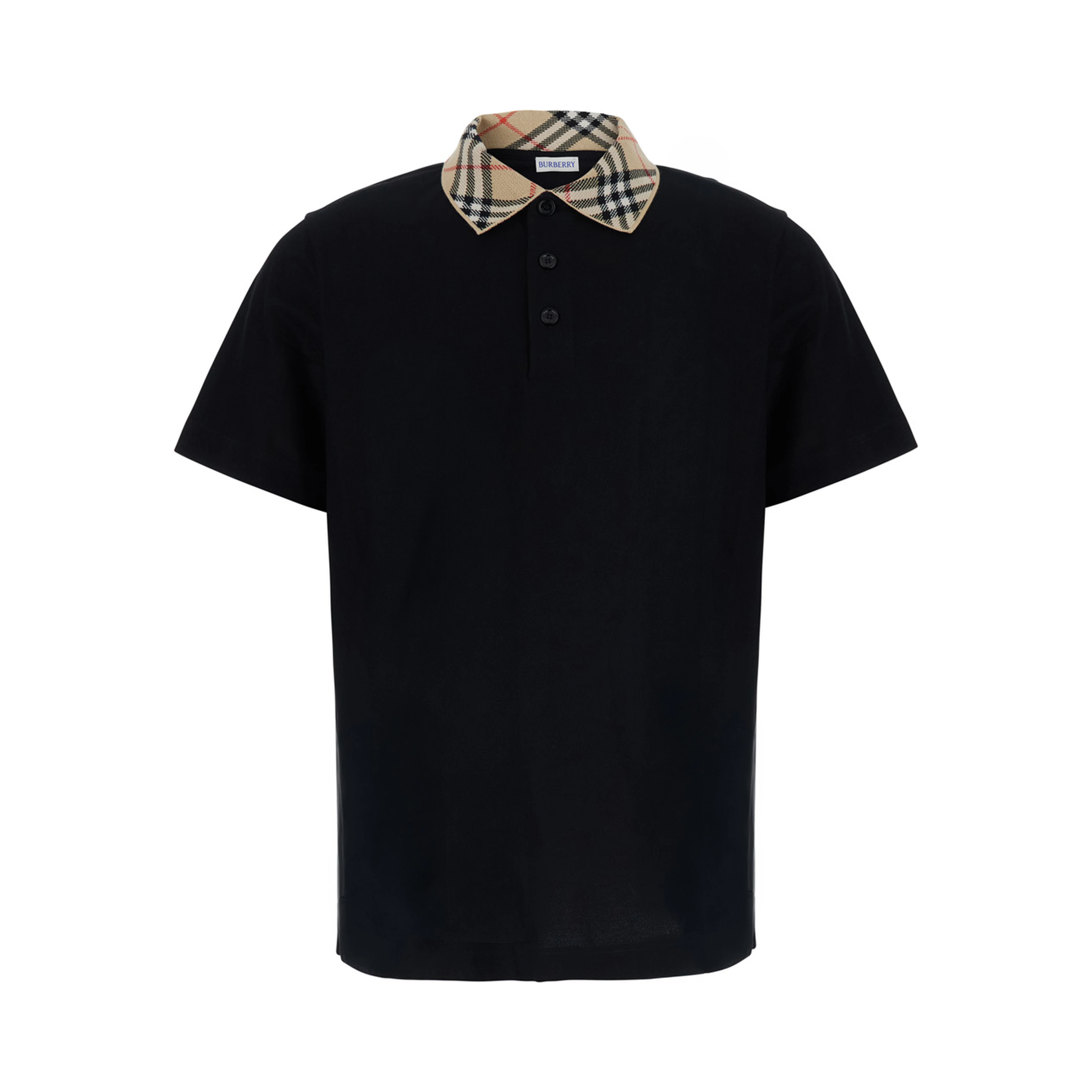 EVAN black Polo Shirt with Check motif collar in cotton for men