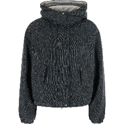 Gray Down jacket with removable hood and button closure in wool blend for women
