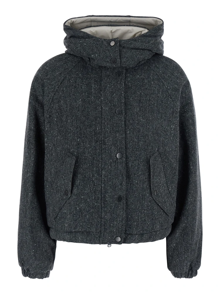 Gray Down jacket with removable hood and button closure in wool blend for women