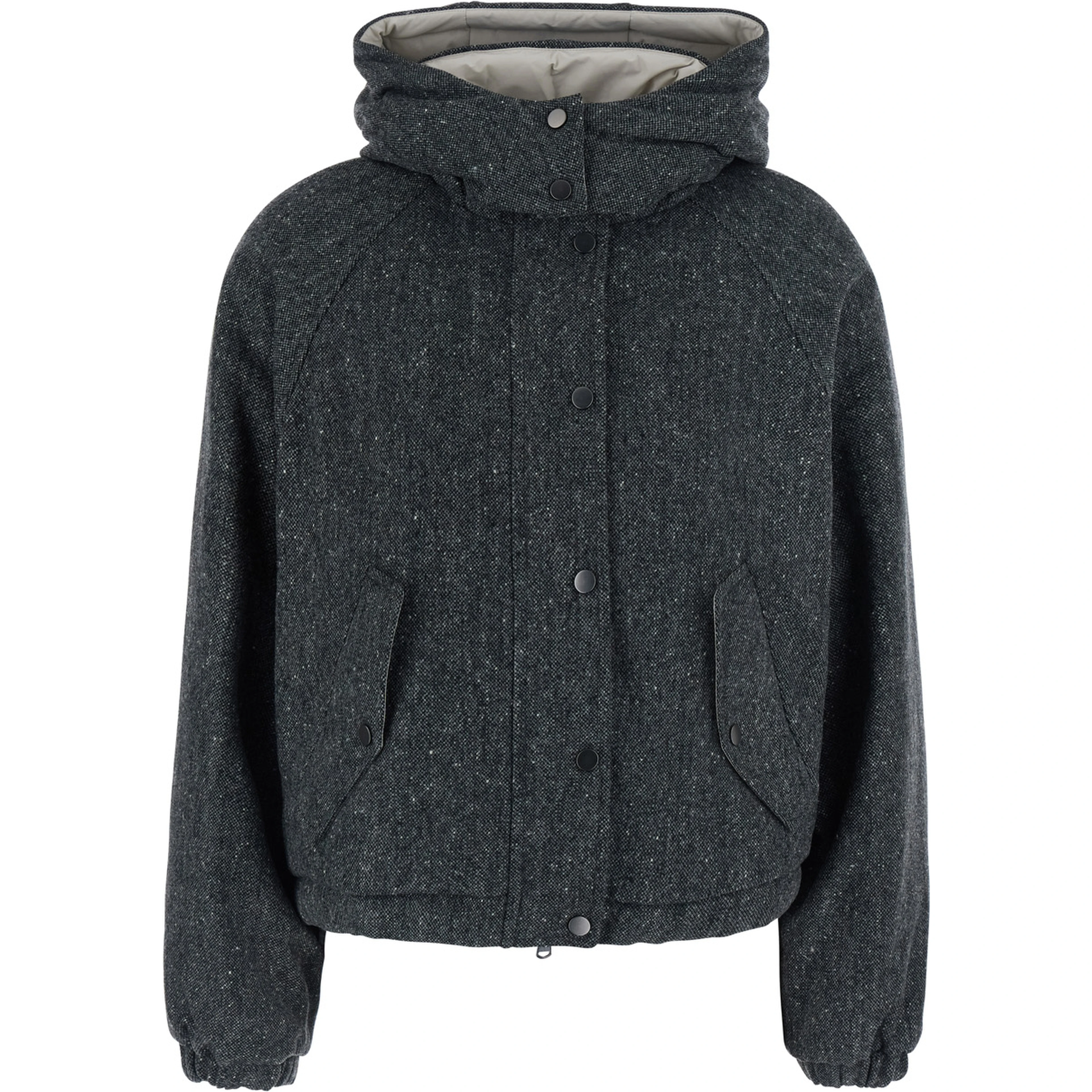 Gray Down jacket with removable hood and button closure in wool blend for women