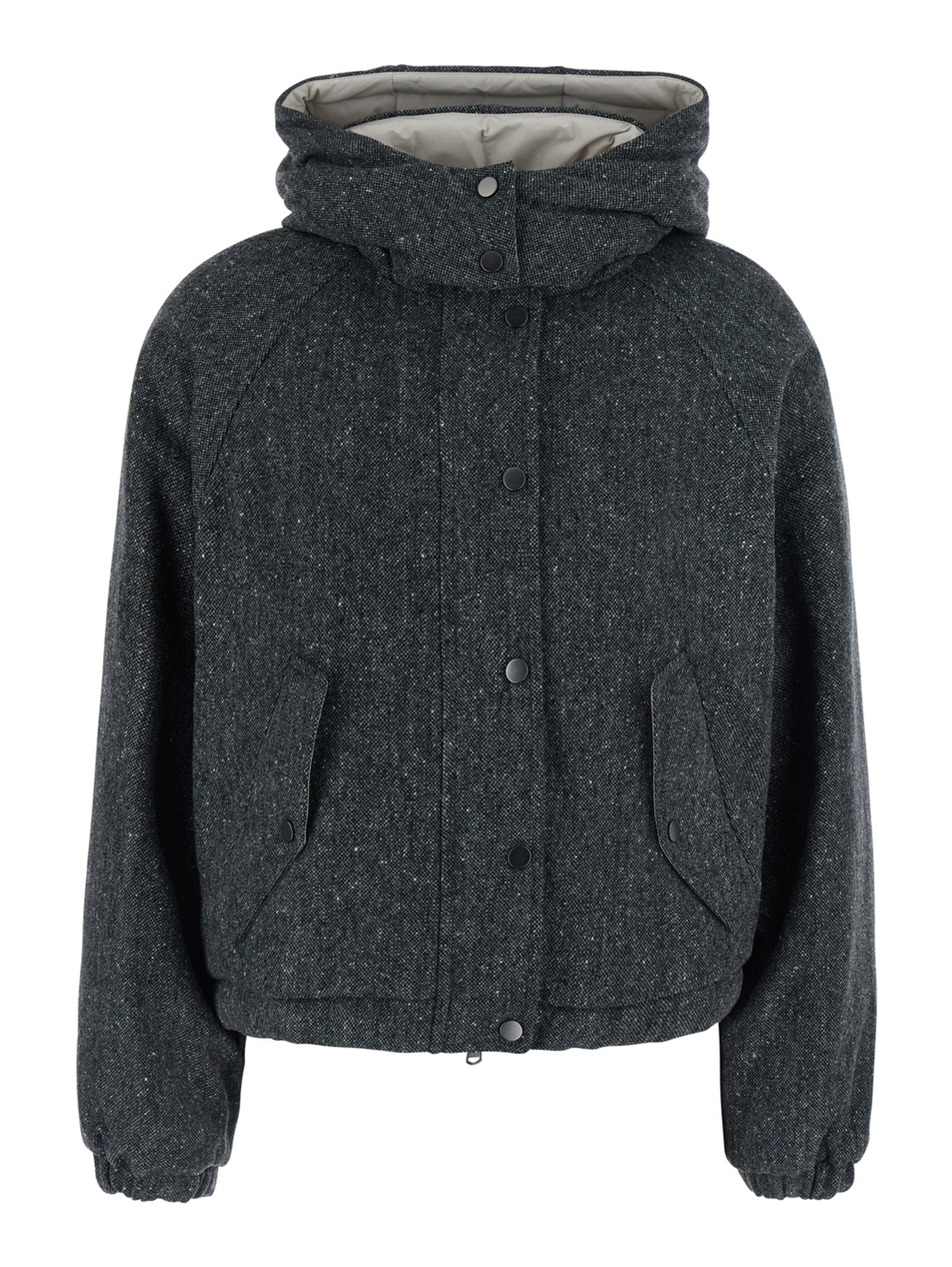 Gray Down jacket with removable hood and button closure in wool blend for women