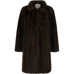 Brown Shearling Coat with classic collar and hidden front closure in ecofur for women