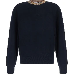 Michael Blue Crew Neck Sweater with Check Motif on the Neck in Wool for Men