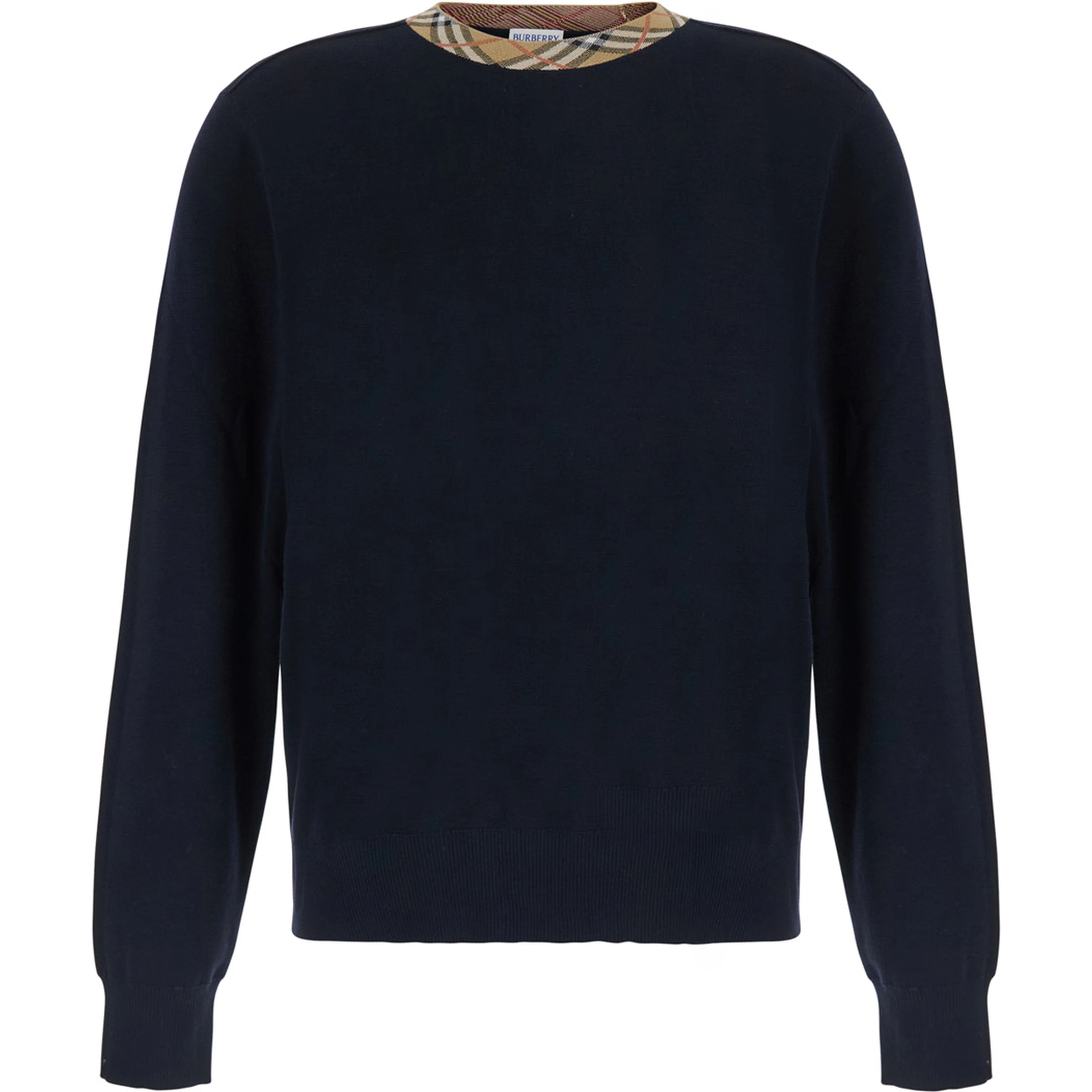 Michael Blue Crew Neck Sweater with Check Motif on the Neck in Wool for Men