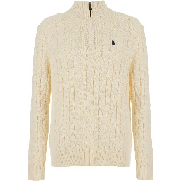 White High Neck Sweater with Half Zip on the Front and Pony on the Front in Cotton for Men