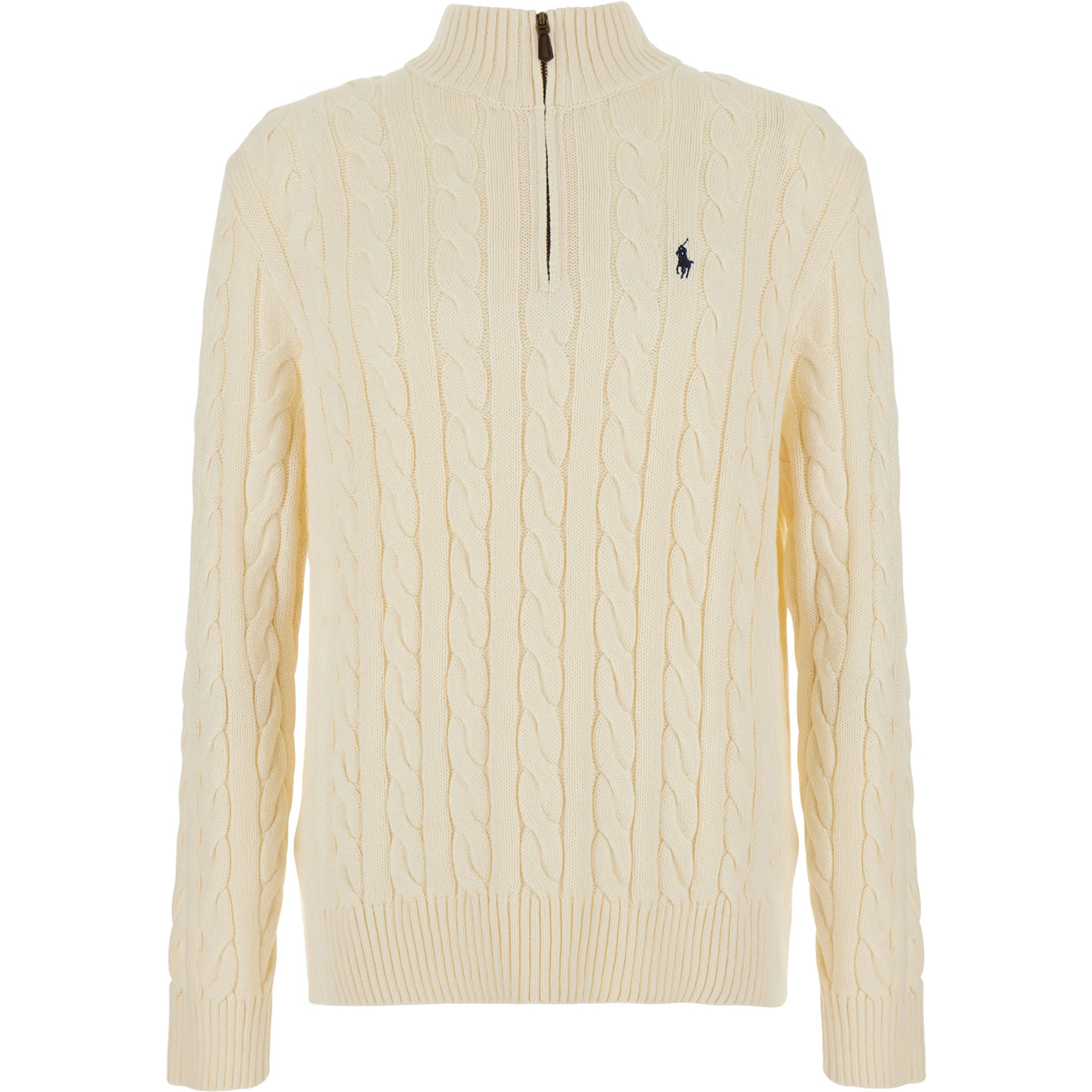 White High Neck Sweater with Half Zip on the Front and Pony on the Front in Cotton for Men