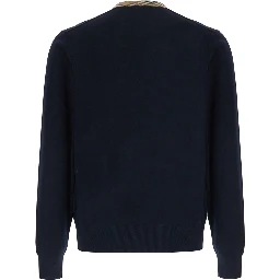 Michael Blue Crew Neck Sweater with Check Motif on the Neck in Wool for Men