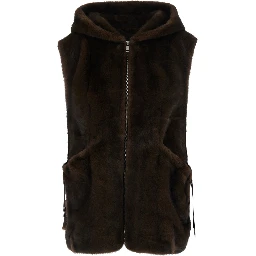Brown Sleeveless Fur Vest with Hood and Front Drawstring in Eco Fur for Women