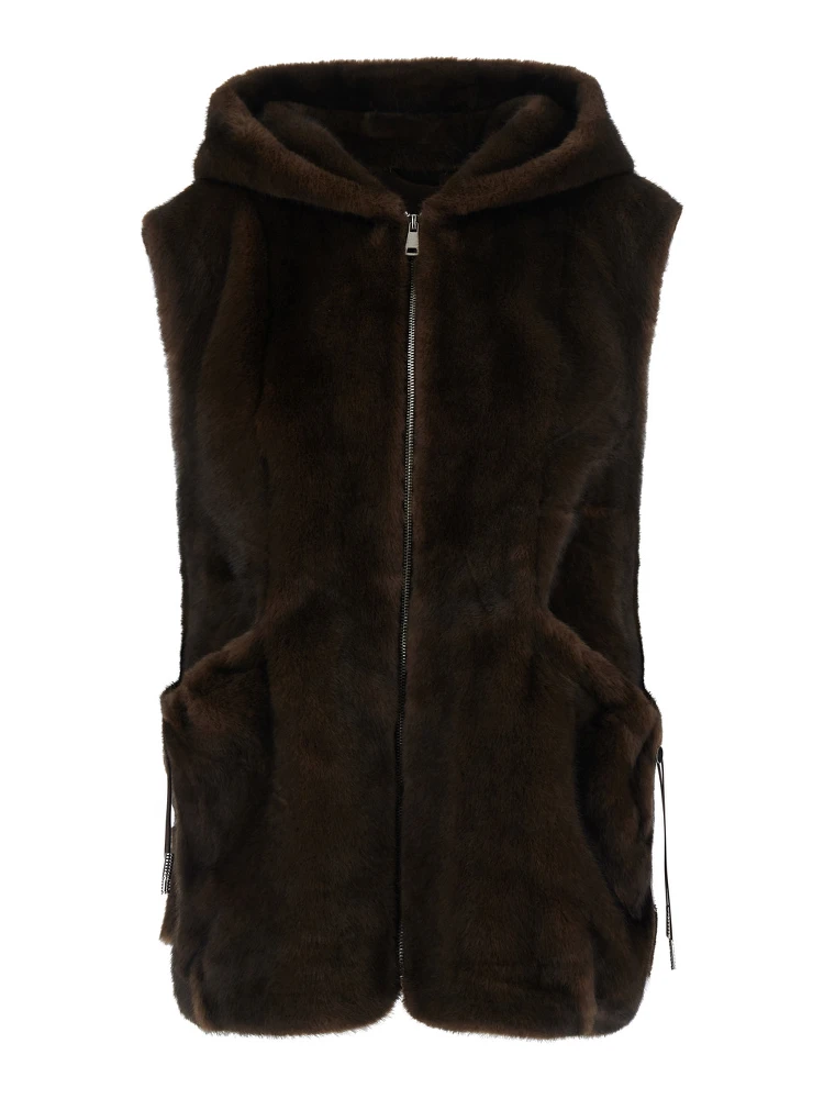 Brown Sleeveless Fur Vest with Hood and Front Drawstring in Eco Fur for Women
