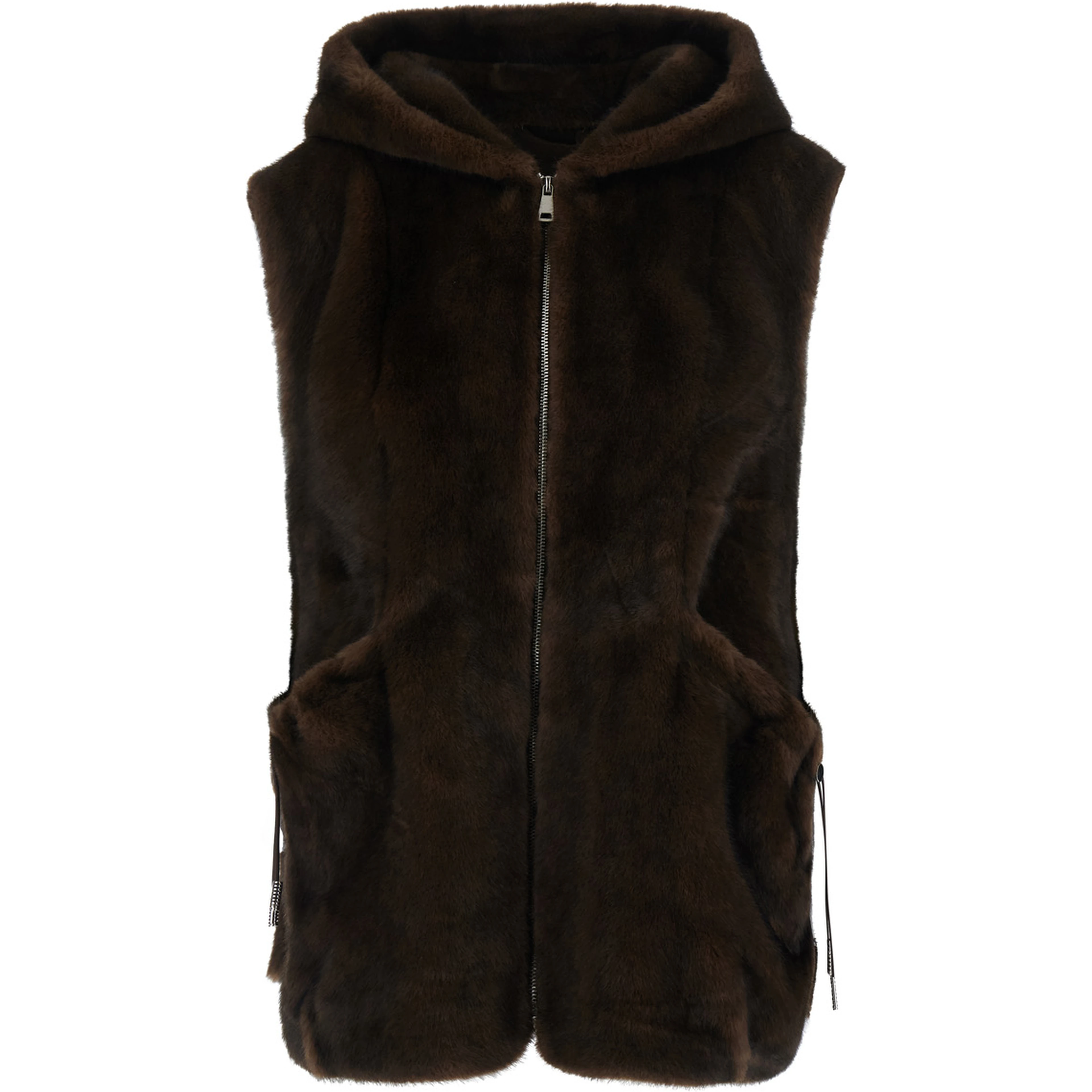 Brown Sleeveless Fur Vest with Hood and Front Drawstring in Eco Fur for Women