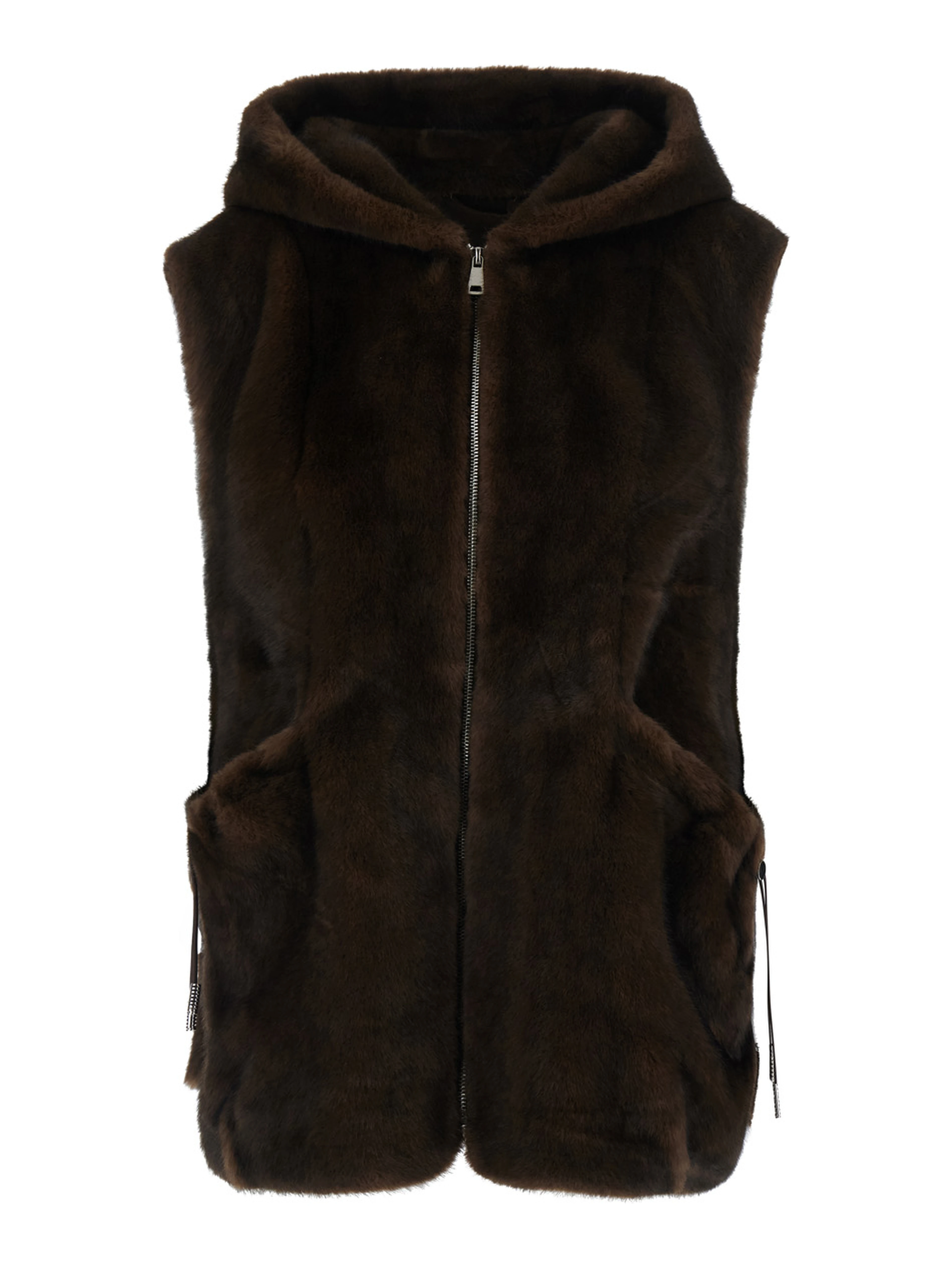 Brown Sleeveless Fur Vest with Hood and Front Drawstring in Eco Fur for Women
