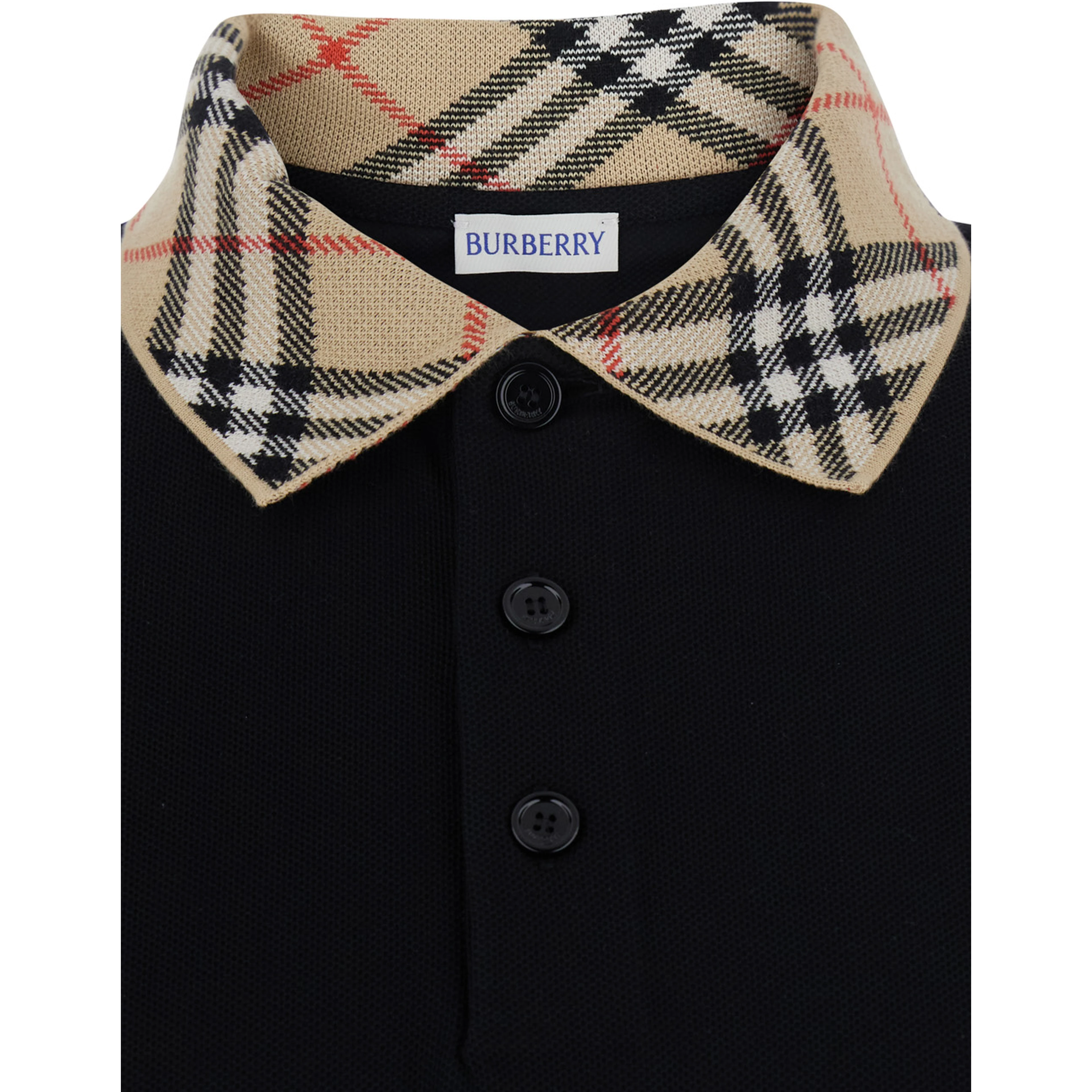EVAN black Polo Shirt with Check motif collar in cotton for men