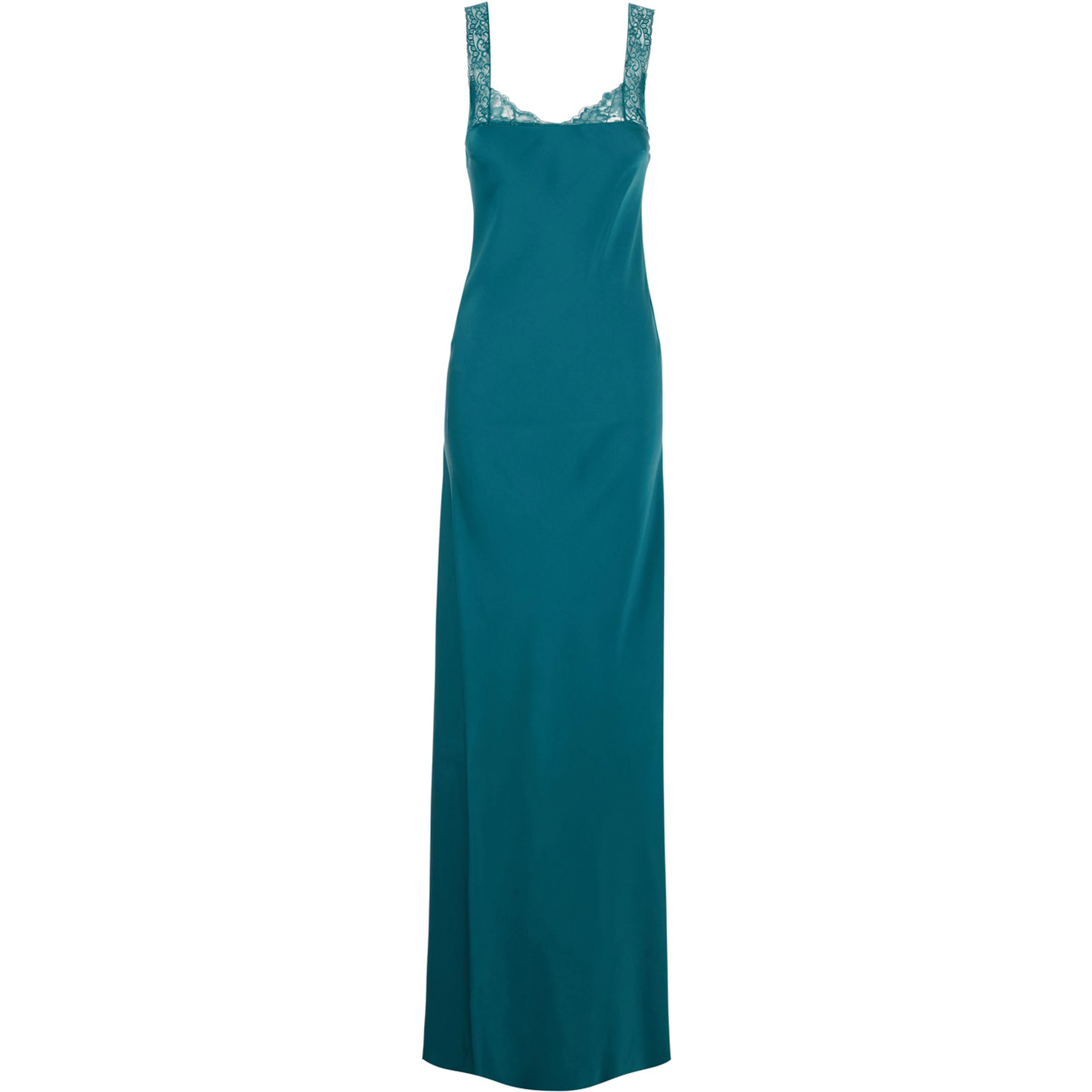 Blue Long Dress with Fixed Straps and Lace Detail on Straps and Neck in Blend Viscose for Women