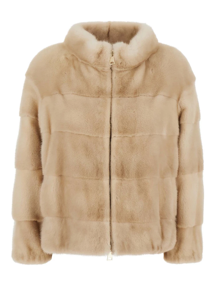 Beige Fur Jacket with High Collar and Zip Closure in fur for Women