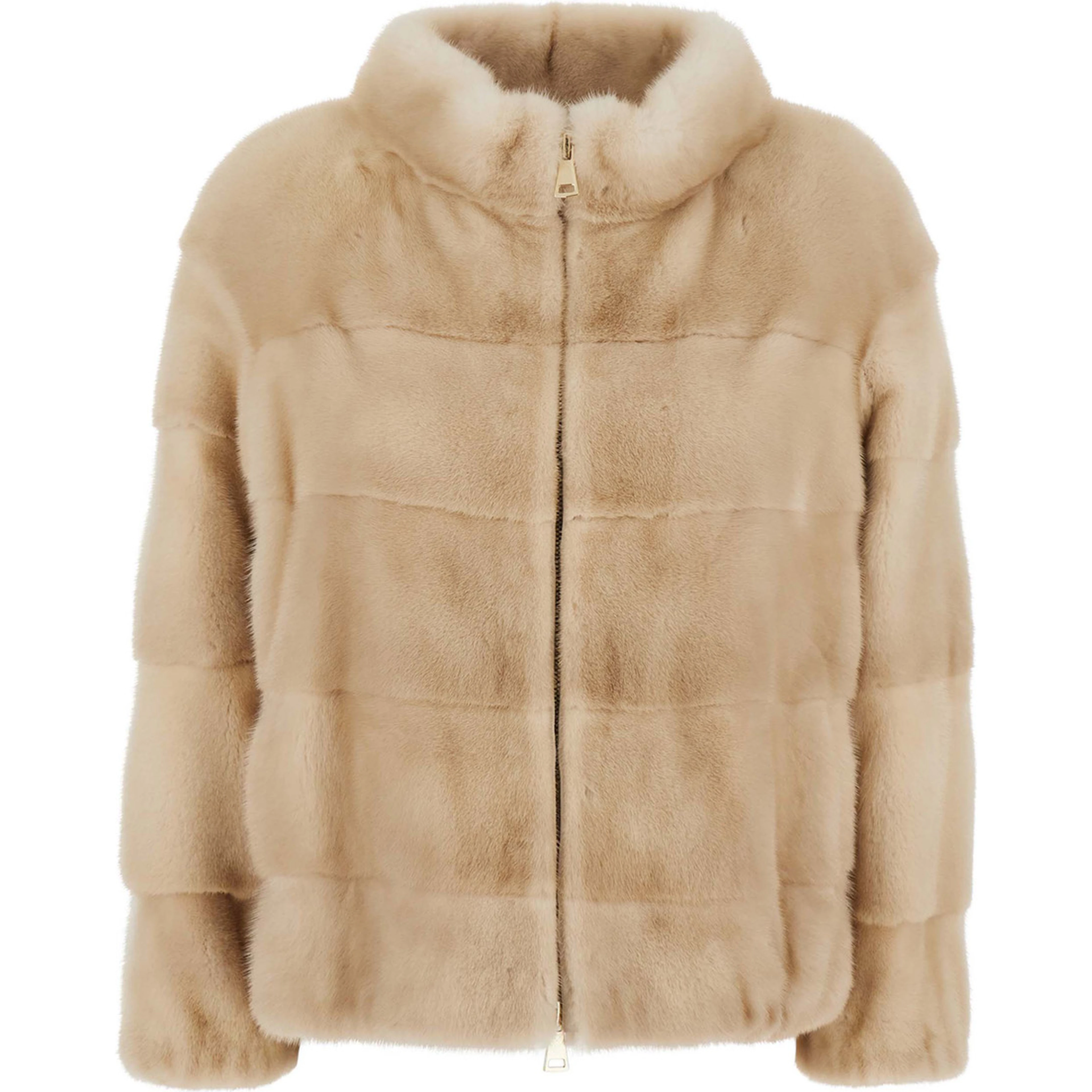 Beige Fur Jacket with High Collar and Zip Closure in fur for Women