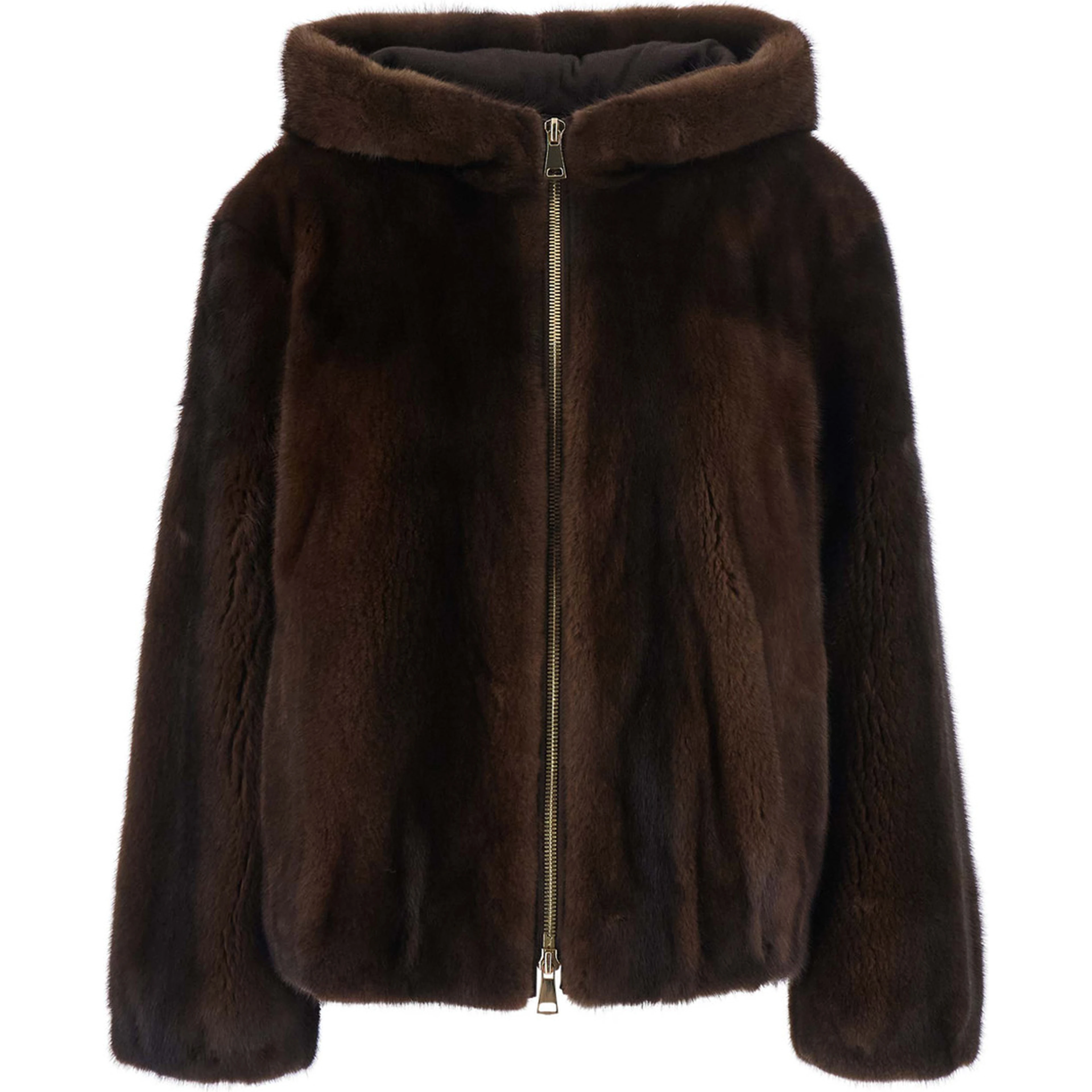 Brown Jacket with zip closure and fixed hood in fur women