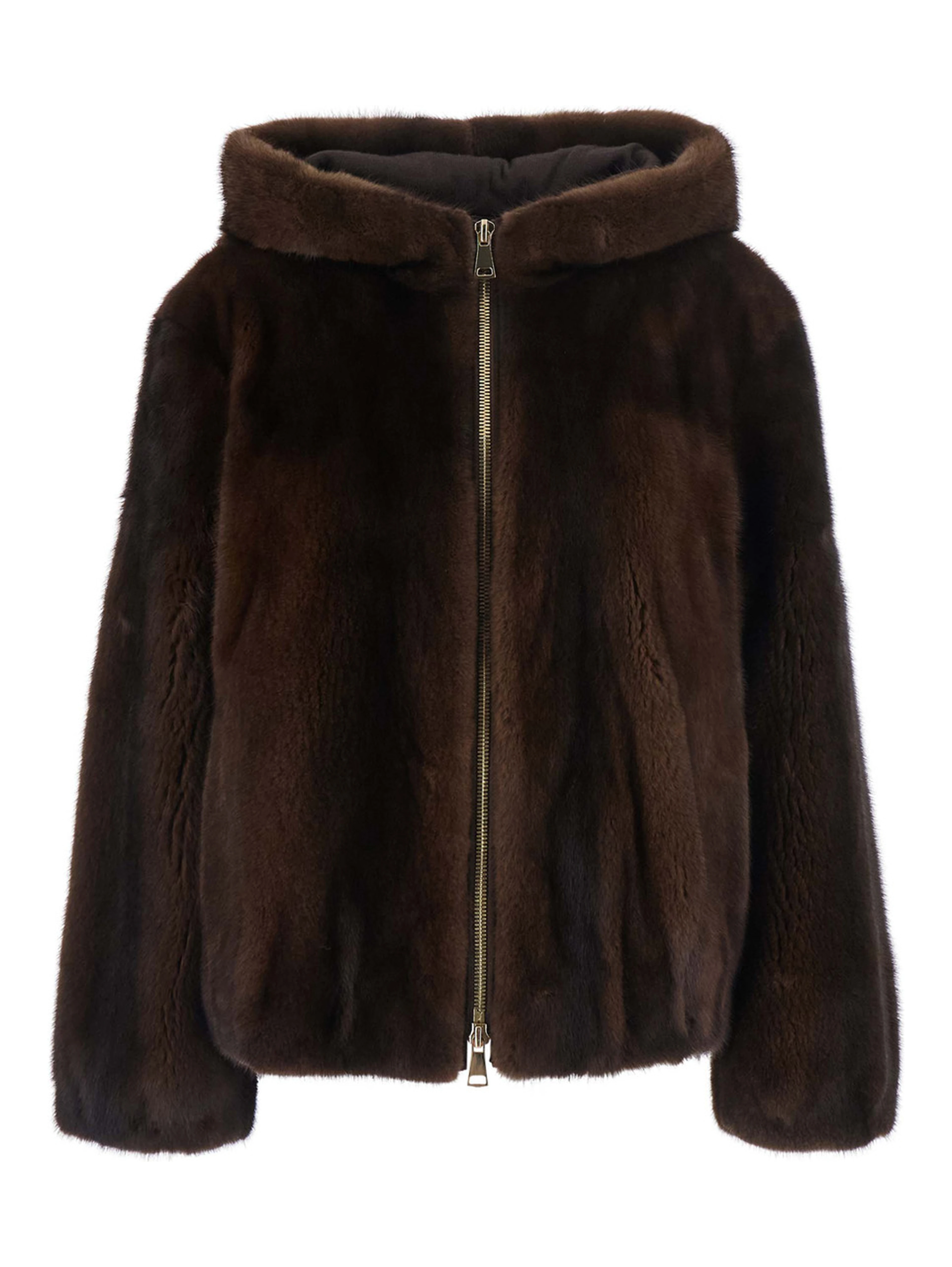 Brown Jacket with zip closure and fixed hood in fur women