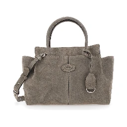Gray Handbag with embossed logo on the front and adjustable and removable shoulder strap in suede for women