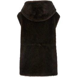 Brown Sleeveless Fur Vest with Hood and Front Drawstring in Eco Fur for Women