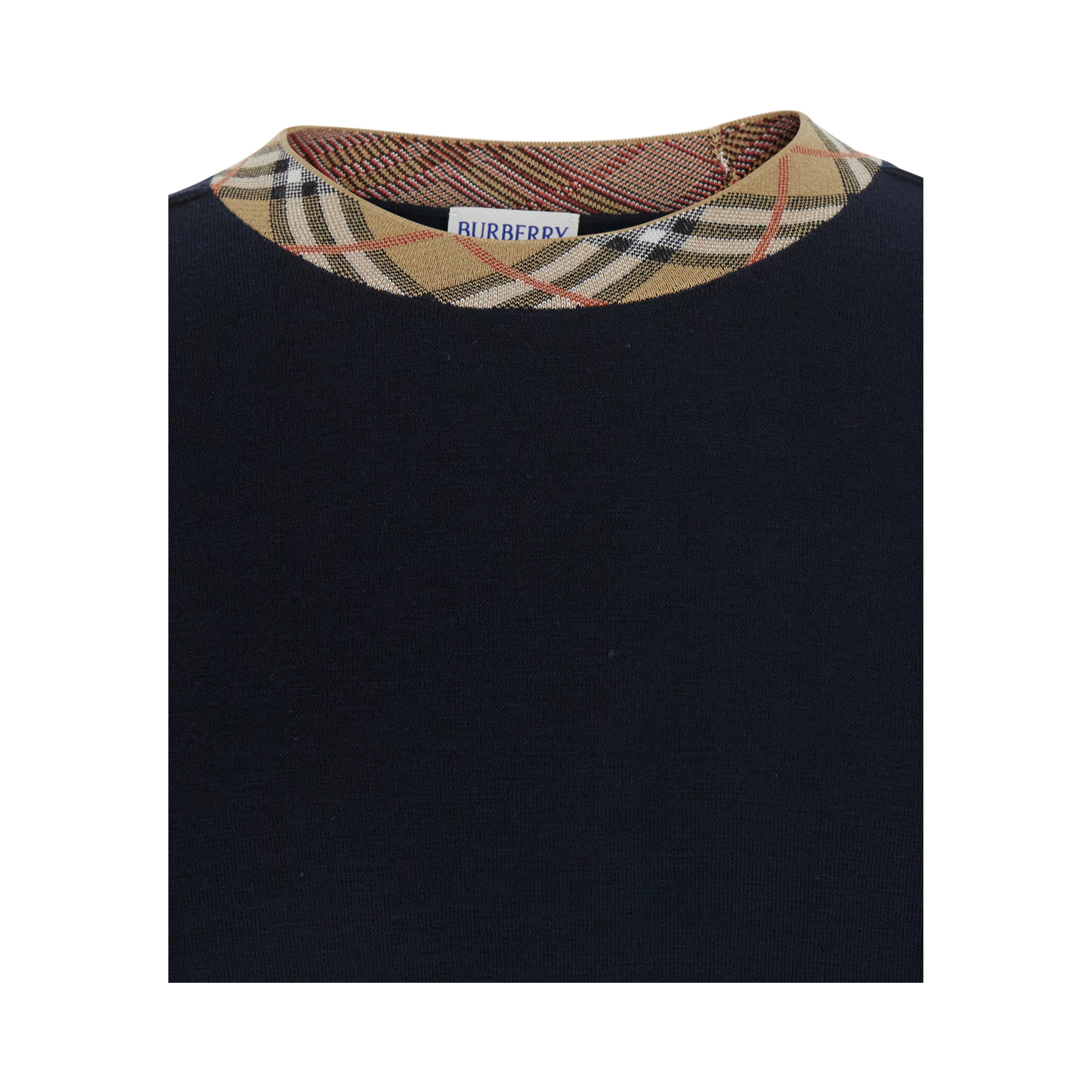 Michael Blue Crew Neck Sweater with Check Motif on the Neck in Wool for Men