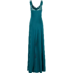 Blue Long Dress with Fixed Straps and Lace Detail on Straps and Neck in Blend Viscose for Women