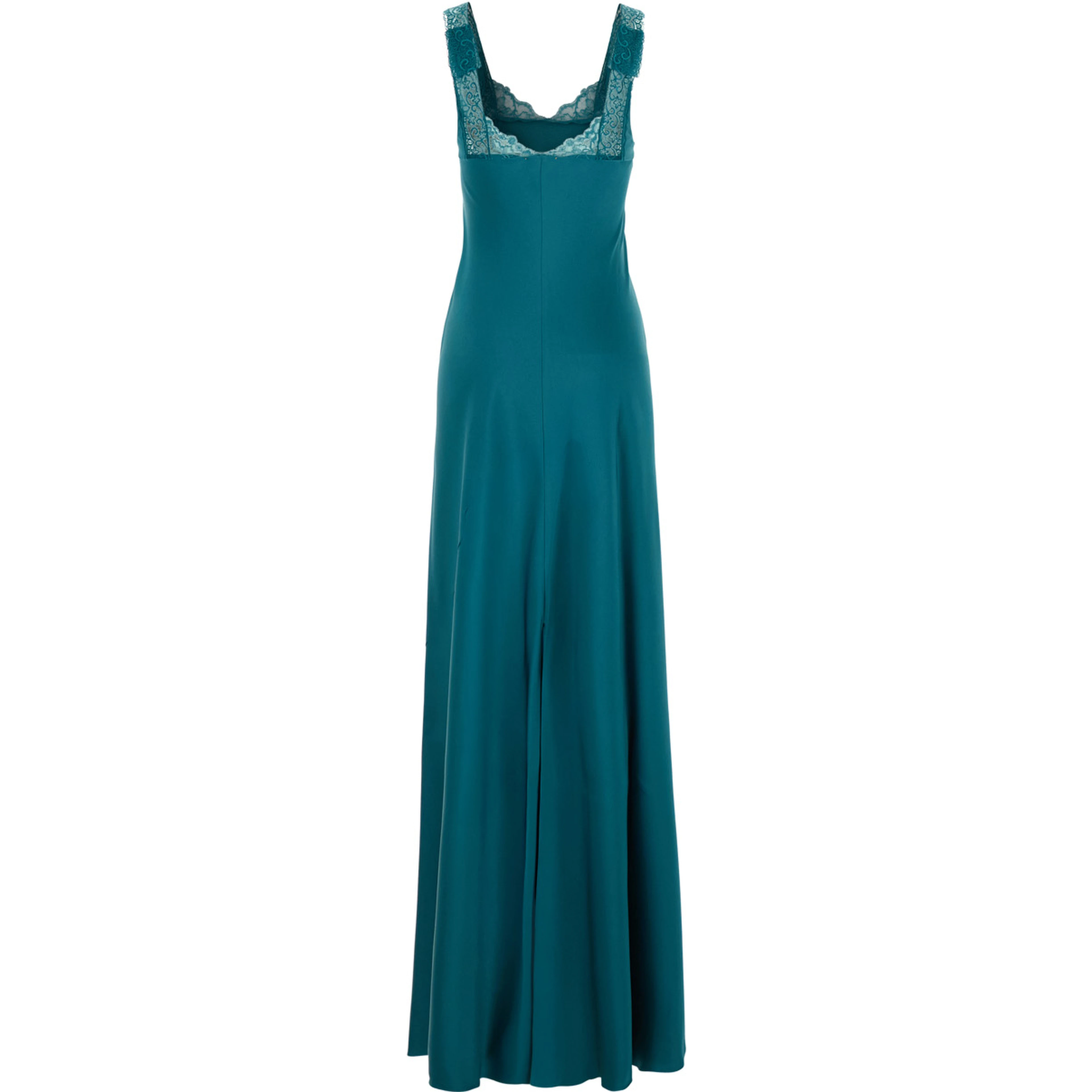 Blue Long Dress with Fixed Straps and Lace Detail on Straps and Neck in Blend Viscose for Women