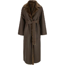 RIEN Brown Coat with Notched Collar and Reversible Design in Leather and Fur for Women