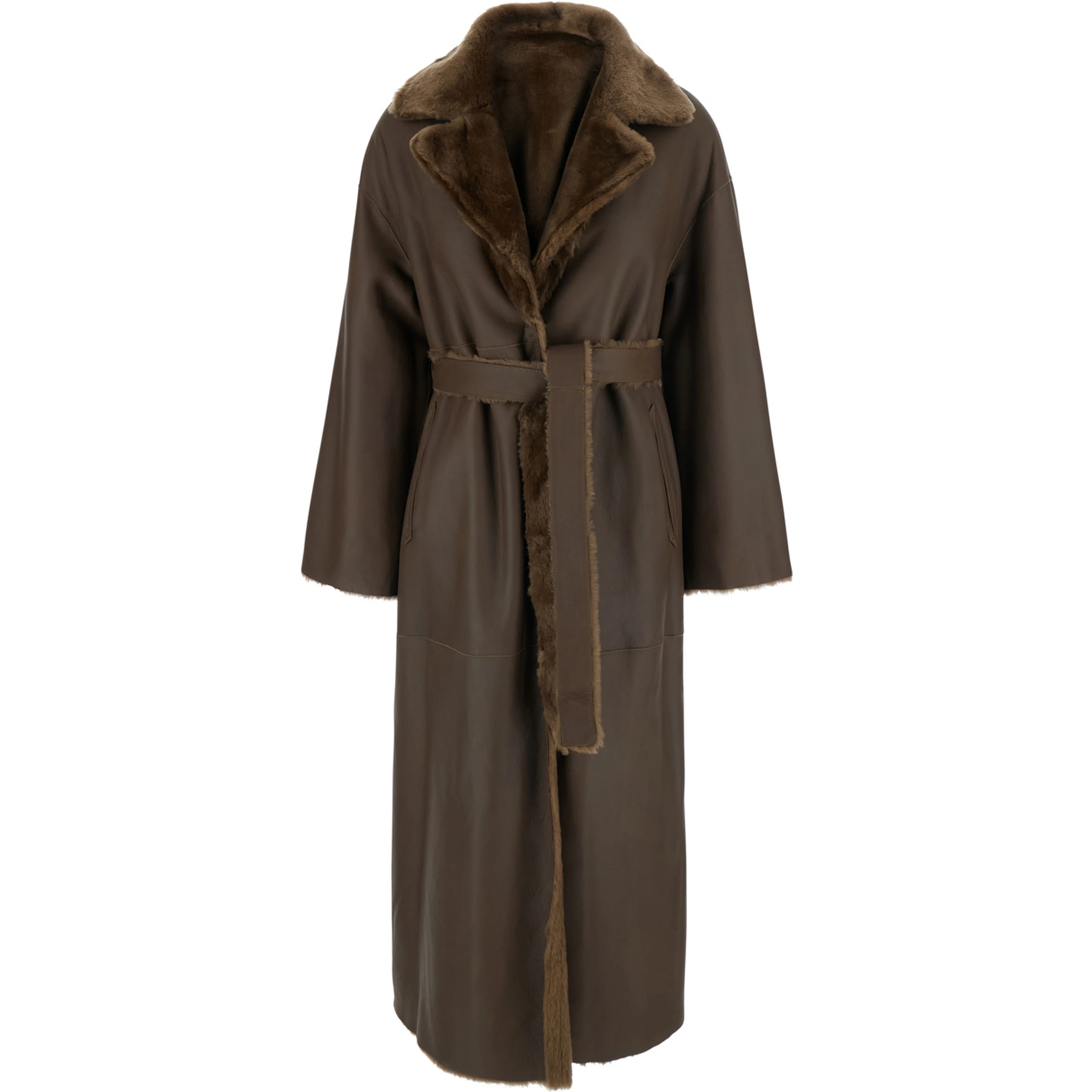 RIEN Brown Coat with Notched Collar and Reversible Design in Leather and Fur for Women