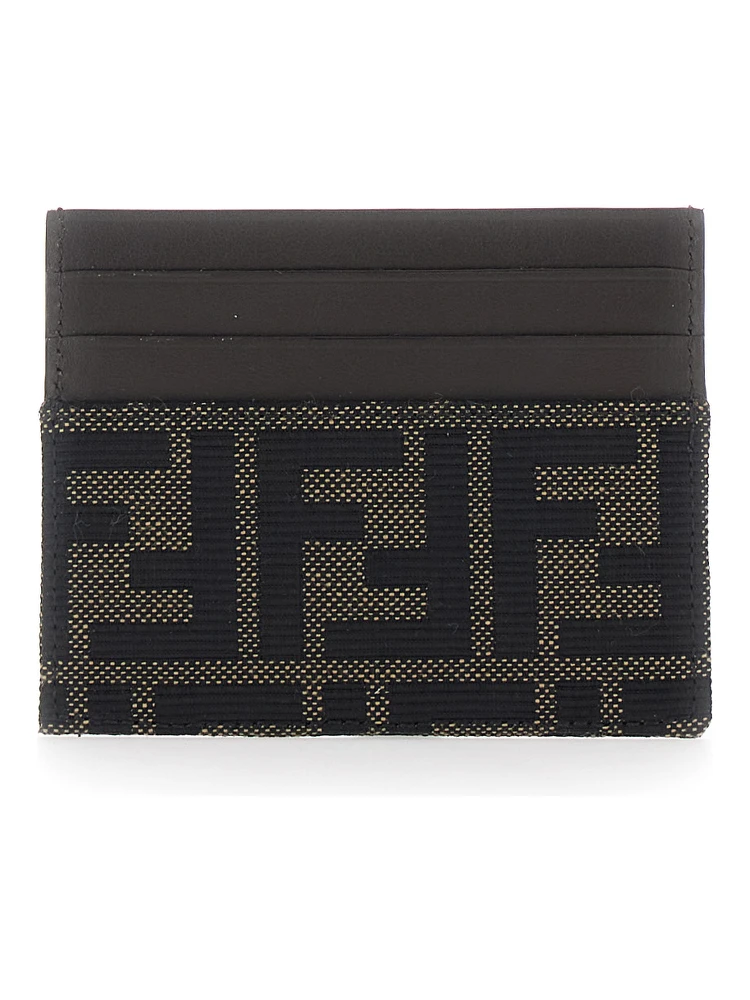 Brown Cardholder with FF motif in leather and fabric for men