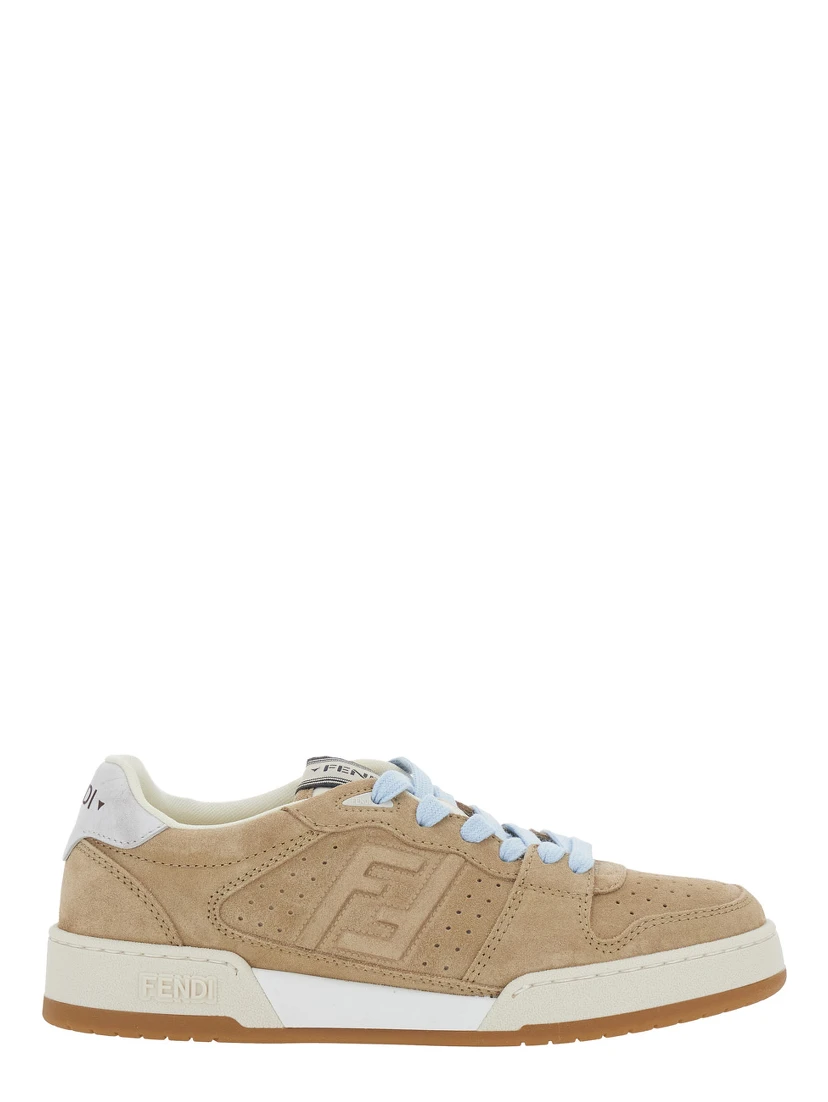 Beige low top sneakers with logo patch on the tongue and FF patch on the side in leather for women