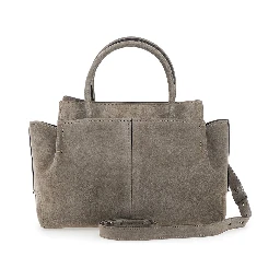 Gray Handbag with embossed logo on the front and adjustable and removable shoulder strap in suede for women