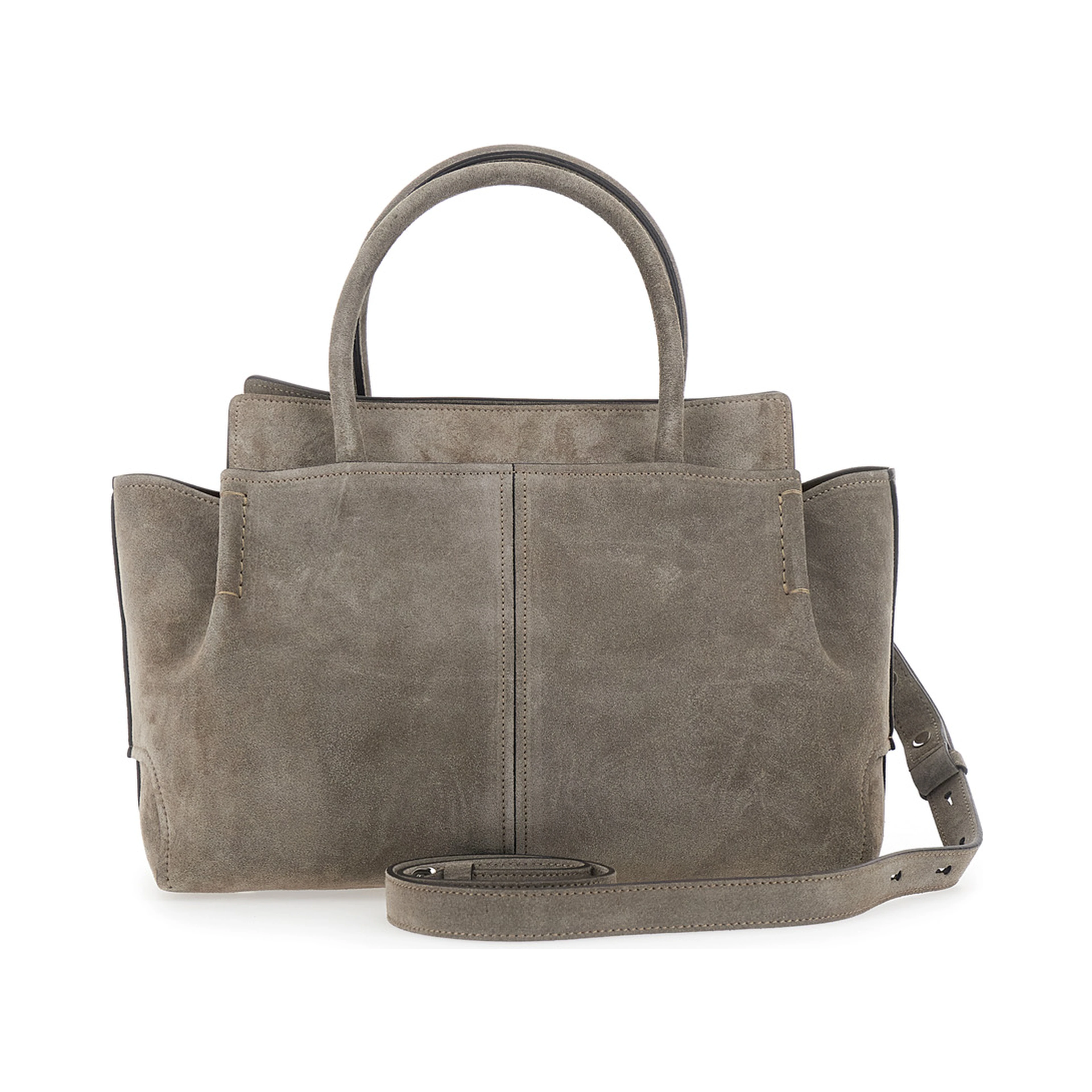 Gray Handbag with embossed logo on the front and adjustable and removable shoulder strap in suede for women