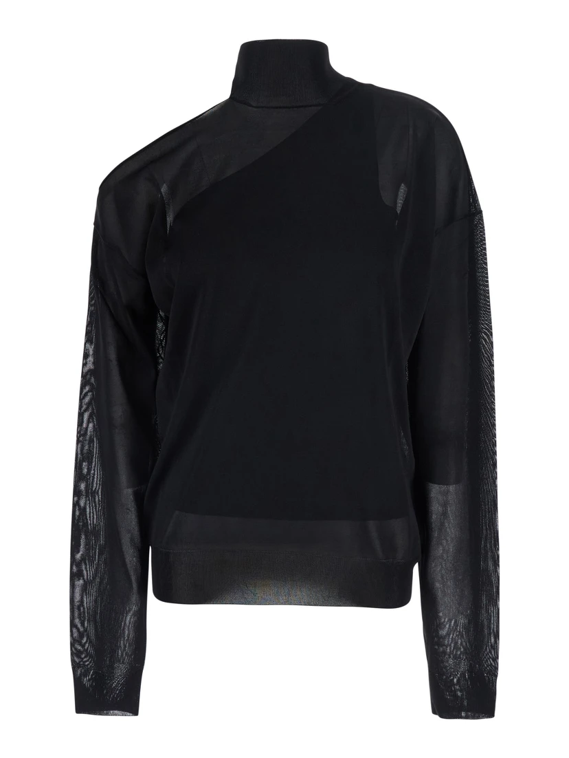 Black turtleneck top with cut-out on the shoulder and matching one-shoulder viscose top in silk for women