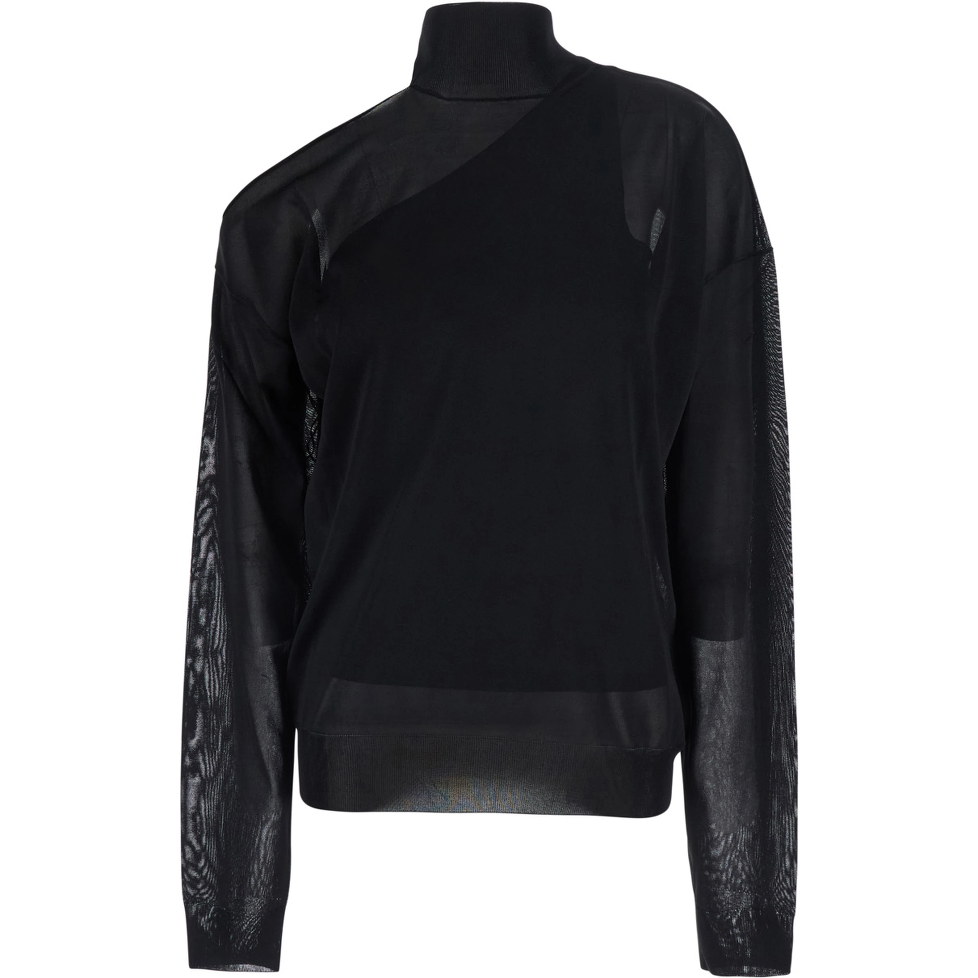 Black turtleneck top with cut-out on the shoulder and matching one-shoulder viscose top in silk for women