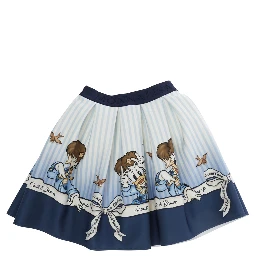 Blue Pleated Skirt with All-Over Print in Cotton Girl