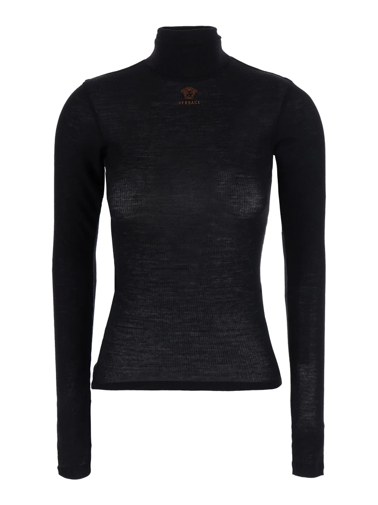 black High-neck top with embroidered Medusa logo on the front in wool for women