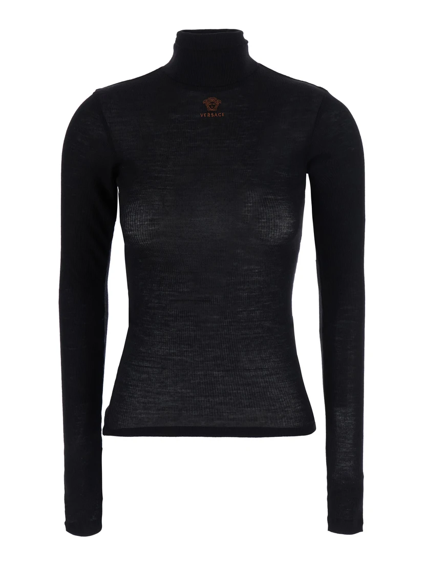 black High-neck top with embroidered Medusa logo on the front in wool for women
