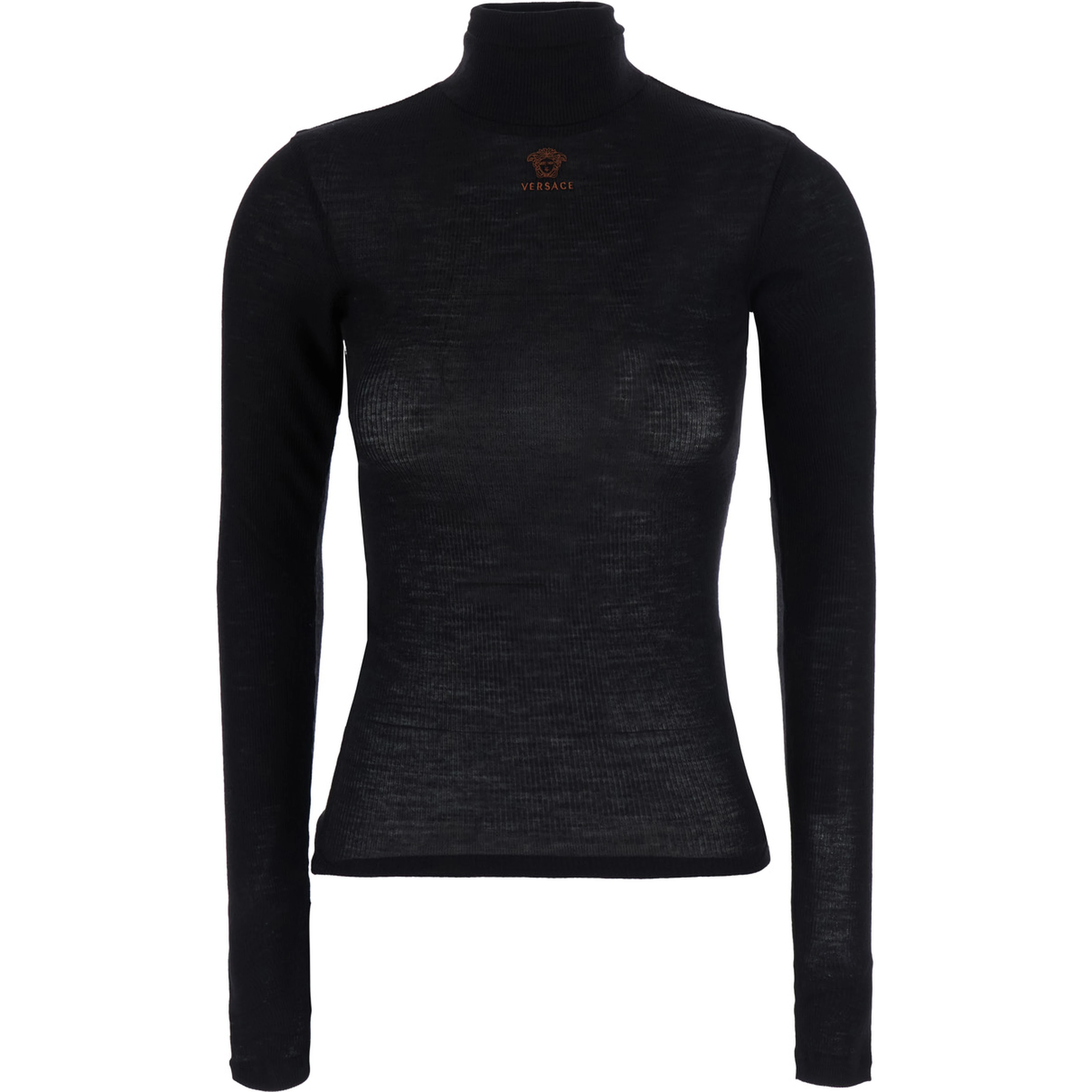 black High-neck top with embroidered Medusa logo on the front in wool for women