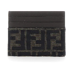 Brown Cardholder with FF motif in leather and fabric for men