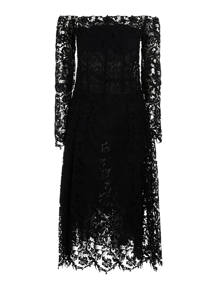 Black Dress with Off-shoulder in Macramé Lace for Women