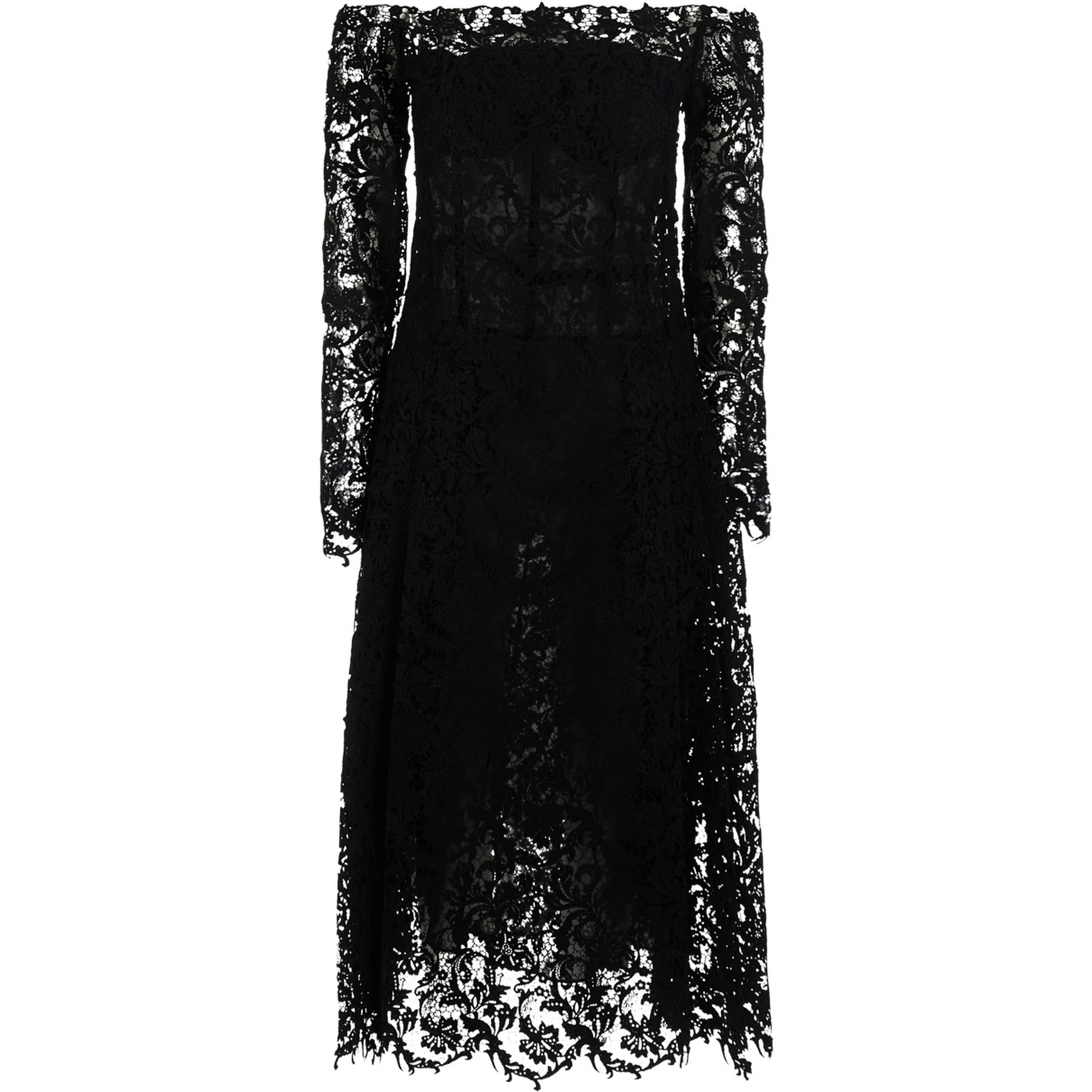Black Dress with Off-shoulder in Macramé Lace for Women