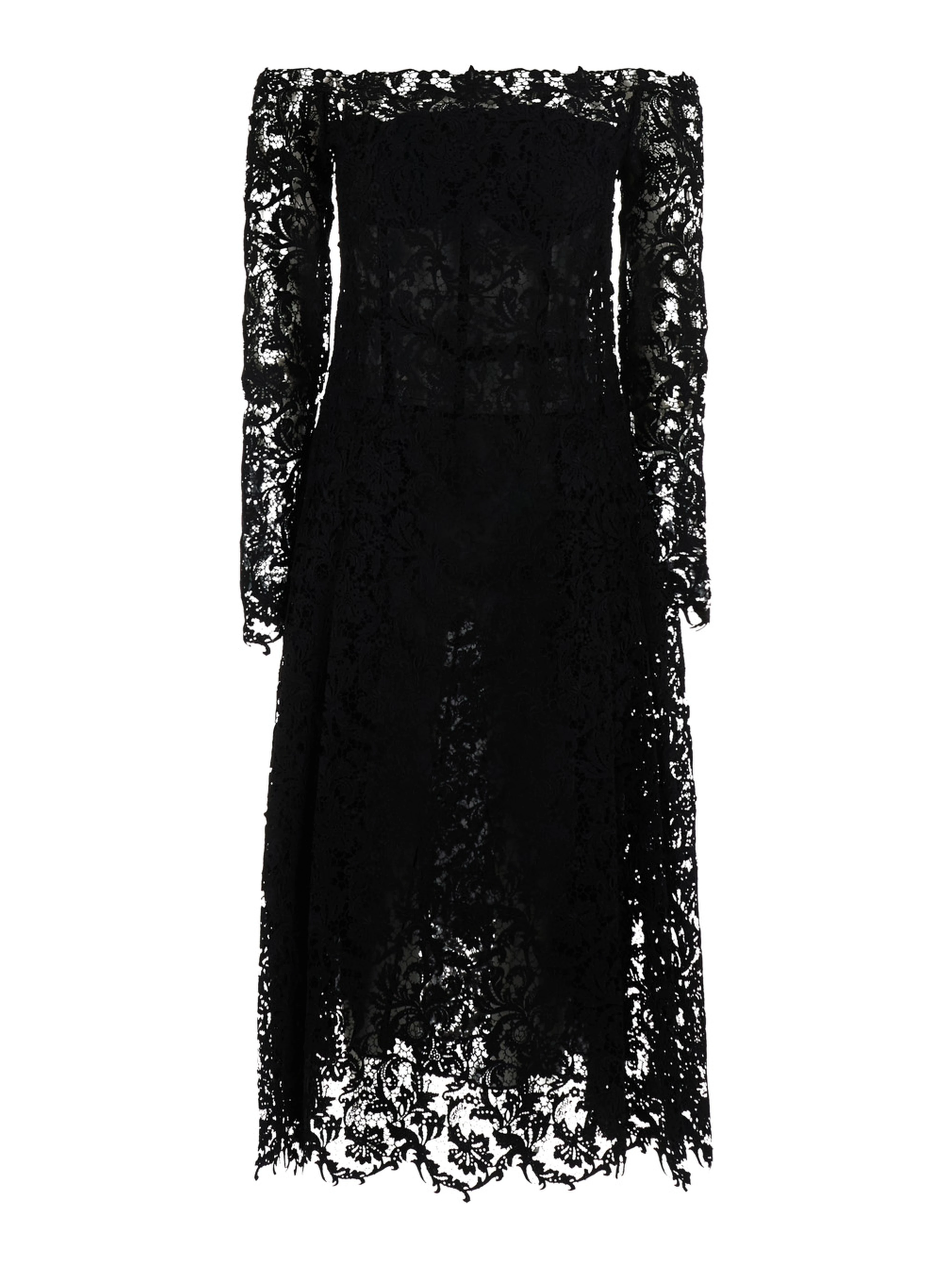 Black Dress with Off-shoulder in Macramé Lace for Women