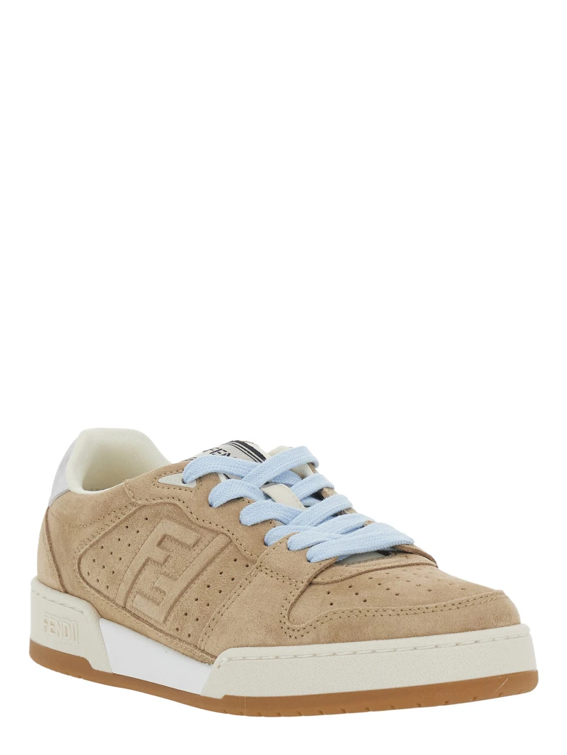 Beige low top sneakers with logo patch on the tongue and FF patch on the side in leather for women