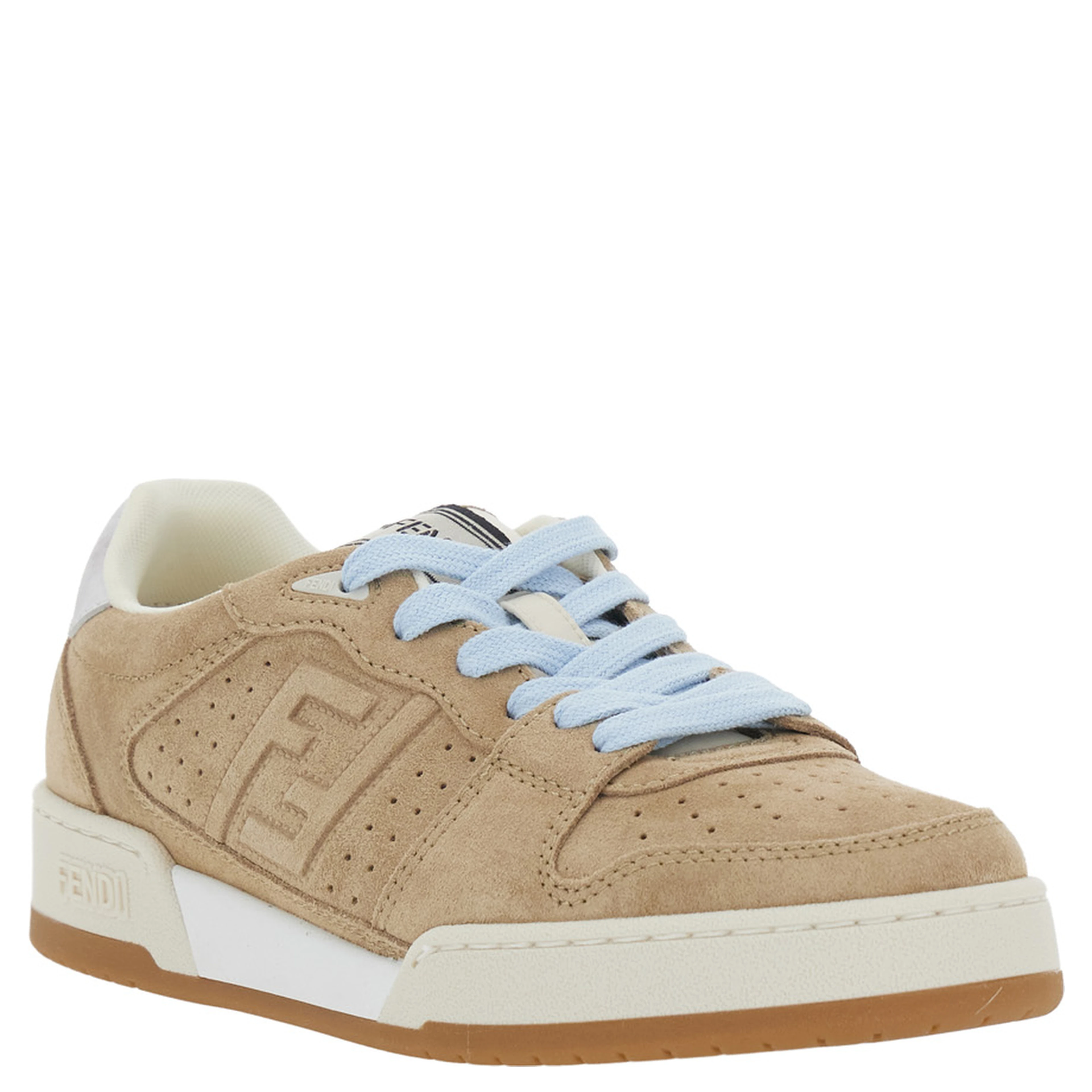 Beige low top sneakers with logo patch on the tongue and FF patch on the side in leather for women