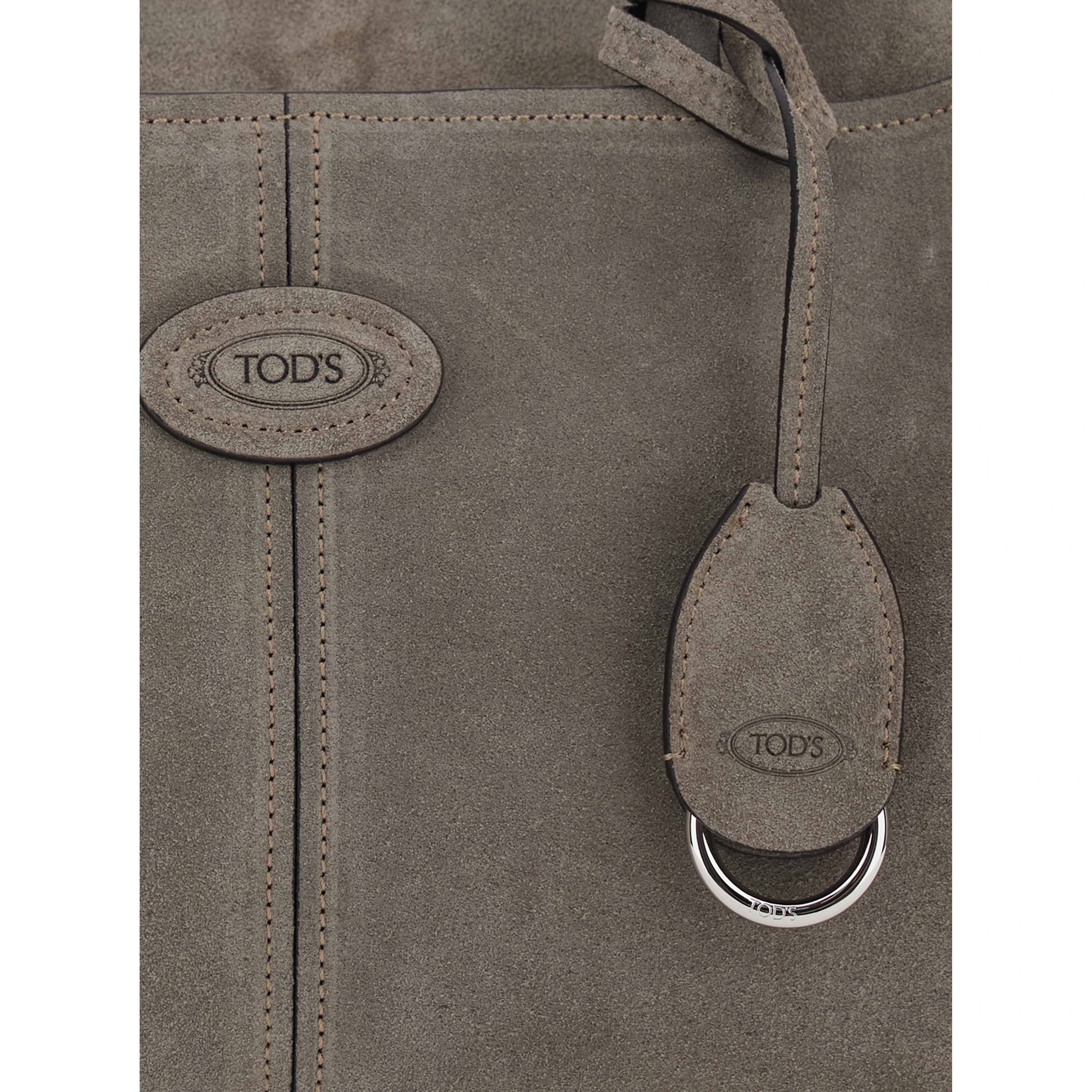 Gray Handbag with embossed logo on the front and adjustable and removable shoulder strap in suede for women